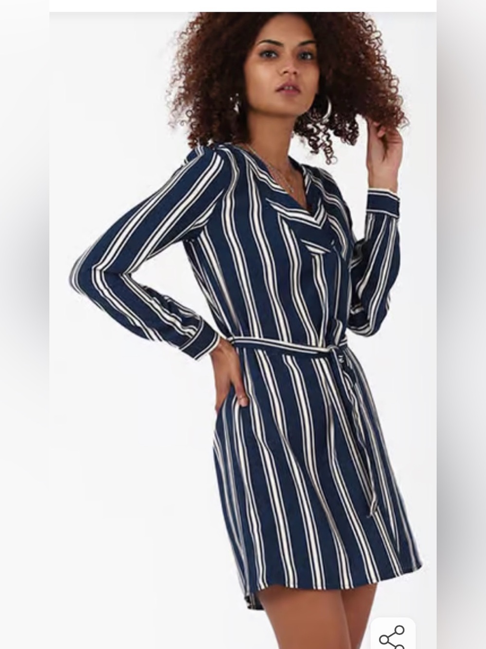 Forever 21 Navy and White Vertical Stripe Long-Sleeve Belted Dress